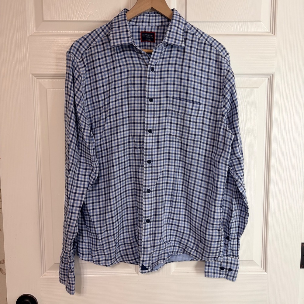 UNTUCKit Soligo Mens Medium Blue Gingham Plaid Cotton Button Down Shirt 40568
